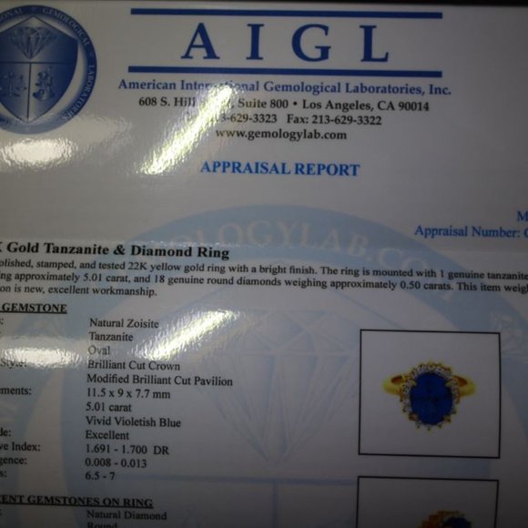 Certified Tanzanite 5.01ct Diamonds 22K Gold Ring - Picture 9 of 10